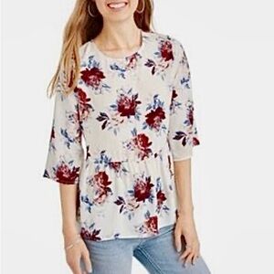 Faded Glory White Peplum Blouse with Red Roses